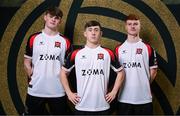 21 January 2025; Players, from left, Vincent Leonard, TJ Molloy and Sean Spaight during a Dundalk FC squad portraits session at Oriel Park in Dundalk, Louth. Photo by Stephen McCarthy/Sportsfile