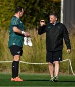 28 January 2025; Jack Aungier, left, and national scrum coach John Fogarty during an Ireland Rugby squad training session at The Campus in Quinto da Lago, Portugal. Photo by Brendan Moran/Sportsfile