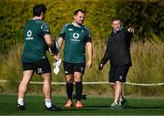 28 January 2025; Jack Aungier, centre, and national scrum coach John Fogarty during an Ireland Rugby squad training session at The Campus in Quinto da Lago, Portugal. Photo by Brendan Moran/Sportsfile