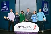 29 January 2025; UPMC has been unveiled as the official healthcare partner of Dublin GAA during an event at Parnell Park, Dublin. Pictured at the announcement at Parnell Park in Dublin are UPMC Managing Director Eamonn Fitzgerald, and UPMC Sports Surgery Clinic Santry General Manager Fiona Roche, with Dublin players from left, hurler Darragh Power, camogie player Zoe Couch, ladies footballer Niamh Donlon and footballer David Byrne. Photo by Sam Barnes/Sportsfile