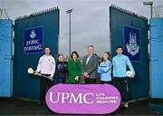 29 January 2025; UPMC has been unveiled as the official healthcare partner of Dublin GAA during an event at Parnell Park, Dublin. Pictured at the announcement at Parnell Park in Dublin are UPMC Managing Director Eamonn Fitzgerald, and UPMC Sports Surgery Clinic Santry General Manager Fiona Roche, with Dublin players from left, hurler Darragh Power, camogie player Zoe Couch, ladies footballer Niamh Donlon and footballer David Byrne. Photo by Sam Barnes/Sportsfile