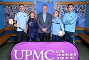 29 January 2025; UPMC has been unveiled as the official healthcare partner of Dublin GAA during an event at Parnell Park, Dublin. Pictured at the announcement at Parnell Park in Dublin is UPMC Managing Director Eamonn Fitzgerald with Dublin players from left, hurler Darragh Power, camogie player Zoe Couch, ladies footballer Niamh Donlon and footballer David Byrne. Photo by Sam Barnes/Sportsfile