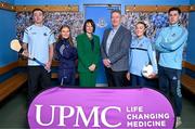 29 January 2025; UPMC has been unveiled as the official healthcare partner of Dublin GAA during an event at Parnell Park, Dublin. Pictured at the announcement at Parnell Park in Dublin are UPMC Managing Director Eamonn Fitzgerald, and UPMC Sports Surgery Clinic Santry General Manager Fiona Roche, with Dublin players from left, hurler Darragh Power, camogie player Zoe Couch, ladies footballer Niamh Donlon and footballer David Byrne. Photo by Sam Barnes/Sportsfile