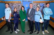 29 January 2025; UPMC has been unveiled as the official healthcare partner of Dublin GAA during an event at Parnell Park, Dublin. Pictured at the announcement at Parnell Park in Dublin are UPMC Managing Director Eamonn Fitzgerald, and UPMC Sports Surgery Clinic Santry General Manager Fiona Roche, with Dublin players from left, hurler Darragh Power, camogie player Zoe Couch, ladies footballer Niamh Donlon and footballer David Byrne. Photo by Sam Barnes/Sportsfile