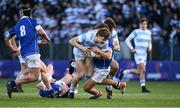 28 January 2025; Paddy Clancy of Blackrock College is tackled by Daniel Tourish of St Mary’s College during the Bank of Ireland Leinster Rugby Boys Schools Senior Cup first round match between Blackrock College and St Mary's College at Energia Park in Dublin. Photo by Daire Brennan/Sportsfile