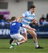 28 January 2025; Paddy Clancy of Blackrock College is tackled by Alex Crawley of St Mary’s College during the Bank of Ireland Leinster Rugby Boys Schools Senior Cup first round match between Blackrock College and St Mary's College at Energia Park in Dublin. Photo by Daire Brennan/Sportsfile