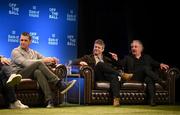 29 January 2025; Journalist Gerry Thornley, right, former Leinster rugby player Andy Dunne, centre, and former Ireland and Munster rugby player Alan Quinlan during a special Off the Ball Roadshow event at the Olympia Theatre in Dublin. Photo by David Fitzgerald/Sportsfile