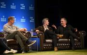 29 January 2025; Journalist Gerry Thornley, right, former Leinster rugby player Andy Dunne, centre, and former Ireland and Munster rugby player Alan Quinlan during a special Off the Ball Roadshow event at the Olympia Theatre in Dublin. Photo by David Fitzgerald/Sportsfile