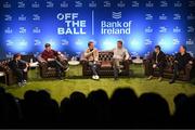 29 January 2025; Pictured are, from left, presenter Eoin Sheahan, former Ireland and Leinster rugby player Brian O'Driscoll, former England rugby player Austin Healey, former Ireland and Munster rugby player Alan Quinlan, former Leinster rugby player Andy Dunne and journalist Gerry Thornley during a special Off the Ball Roadshow event at the Olympia Theatre in Dublin. Photo by David Fitzgerald/Sportsfile