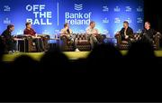 29 January 2025; Pictured are, from left, presenter Eoin Sheahan, former Ireland and Leinster rugby player Brian O'Driscoll, former England rugby player Austin Healey, former Ireland and Munster rugby player Alan Quinlan, former Leinster rugby player Andy Dunne and journalist Gerry Thornley during a special Off the Ball Roadshow event at the Olympia Theatre in Dublin. Photo by David Fitzgerald/Sportsfile