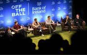 29 January 2025; Pictured are, from left, presenter Eoin Sheahan, former Ireland and Leinster rugby player Brian O'Driscoll, former England rugby player Austin Healey, former Ireland and Munster rugby player Alan Quinlan, former Leinster rugby player Andy Dunne and journalist Gerry Thornley during a special Off the Ball Roadshow event at the Olympia Theatre in Dublin. Photo by David Fitzgerald/Sportsfile