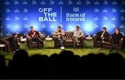 29 January 2025; Pictured are, from left, presenter Eoin Sheahan, former Ireland and Leinster rugby player Brian O'Driscoll, former England rugby player Austin Healey, former Ireland and Munster rugby player Alan Quinlan, former Leinster rugby player Andy Dunne and journalist Gerry Thornley during a special Off the Ball Roadshow event at the Olympia Theatre in Dublin. Photo by David Fitzgerald/Sportsfile
