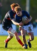 30 January 2025; John Zumerchik of Wilson's Hospital School is tackled by Tiernan Lynch of Temple Carrig School during the Bank of Ireland Leinster Rugby Boys Schools Vinnie Murray Cup semi-final match between Temple Carrig School and Wilson's Hospital School at MU Barnhall RFC in Leixlip, Kildare. Photo by Shauna Clinton/Sportsfile