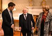 30 January 2025; President of Ireland Michael D. Higgins and his wife Sabina with Republic of Ireland captain Séamus Coleman before receiving a Presidential Distinguished Service Award for the Irish Abroad at Áras an Uachtaráin in Dublin. The Awards recognise the service given to this country or to Irish communities abroad by those who live outside Ireland. Photo by Stephen McCarthy/Sportsfile