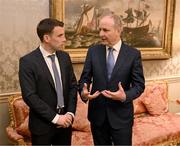 30 January 2025; Republic of Ireland captain Séamus Coleman, left, with An Taoiseach Micheál Martin TD before being presented with a Presidential Distinguished Service Award for the Irish Abroad by President of Ireland Michael D. Higgins at Áras an Uachtaráin in Dublin. The Awards recognise the service given to this country or to Irish communities abroad by those who live outside Ireland. Photo by Stephen McCarthy/Sportsfile