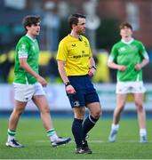 29 January 2025; Referee Sam Holt during the Bank of Ireland Leinster Rugby Boys Schools Senior Cup first round match between Newbridge College and Gonzaga College at Energia Park in Dublin. Photo by Shauna Clinton/Sportsfile