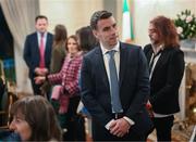 30 January 2025; Republic of Ireland captain Séamus Coleman before being presented with a Presidential Distinguished Service Award for the Irish Abroad by President  of Ireland Michael D. Higgins at Áras an Uachtaráin in Dublin. The Awards recognise the service given to this country or to Irish communities abroad by those who live outside Ireland. Photo by Stephen McCarthy/Sportsfile