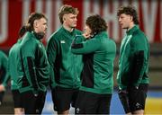 30 January 2025; Ireland players, from left, Tom McAllister, Billy Corrigan, Alex Usanov and Mahon Ronan before the U20 Six Nations Rugby Championship match between Ireland and England at Virgin Media Park in Cork. Photo by Brendan Moran/Sportsfile