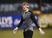31 January 2025; Dundalk goalkeeper Enda Minogue, wearing a protective facemask, in the warm-up before the Jim Malone Cup match between Dundalk and Drogheda United at Oriel Park in Dundalk, Louth. Photo by Piaras Ó Mídheach/Sportsfile