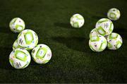 31 January 2025; A general view of footballs on the pitch for the Drogheda United warm-up before the Jim Malone Cup match between Dundalk and Drogheda United at Oriel Park in Dundalk, Louth. Photo by Piaras Ó Mídheach/Sportsfile