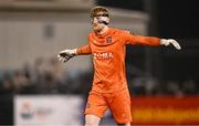 31 January 2025; Dundalk goalkeeper Enda Minogue, wearing a protective facemask, during the Jim Malone Cup match between Dundalk and Drogheda United at Oriel Park in Dundalk, Louth. Photo by Piaras Ó Mídheach/Sportsfile