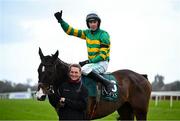 1 February 2025; Mark Walsh celebrates on Majborough, along with groom Amy Morrissey, after winning the Goffs Irish Arkle Novice Steeplechase during day one of the Dublin Racing Festival at Leopardstown Racecourse in Dublin. Photo by Shauna Clinton/Sportsfile