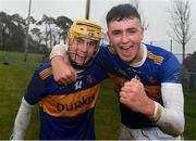 1 February 2025; Thurles CBS players from left, Cormac Fitzpatrick and Keith Loughnane celebrate after winning the Dr Harty Cup final match between Thurles CBS and St Flannans Ennis at Mallow GAA Complex in Cork. Photo by John Sheridan/Sportsfile