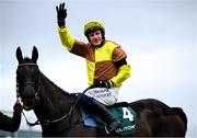 1 February 2025; Paul Townend celebrates on Galopin Des Champs after winning The Paddy Power Irish Gold Cup during day one of the Dublin Racing Festival at Leopardstown Racecourse in Dublin. Photo by Shauna Clinton/Sportsfile