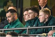 1 February 2025; Ireland players, from left, Jack Aungier, Cian Prendergast, Joe McCarthy and Jamie Osborne watch on from the stands during the Guinness Six Nations Rugby Championship match between Ireland and England at Aviva Stadium in Dublin. Photo by Ramsey Cardy/Sportsfile