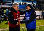 1 February 2025; Carlow manager Shane Curran and Waterford manager Paul Shankey shake hands after the Allianz Football League Division 4 match between Waterford and Carlow at Fraher Field in Dungarvan, Waterford. Photo by Tyler Miller/Sportsfile