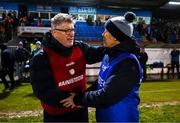 1 February 2025; Carlow manager Shane Curran and Waterford manager Paul Shankey shake hands after the Allianz Football League Division 4 match between Waterford and Carlow at Fraher Field in Dungarvan, Waterford. Photo by Tyler Miller/Sportsfile