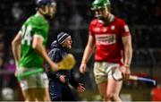 1 February 2025; Limerick manager John Kiely on the pitch remonstrating with referee Seán Stack, not pictured, before he was shown the yellow card during the Allianz Hurling League Division 1A match between Cork and Limerick at SuperValu Páirc Uí Chaoimh in Cork. Photo by Piaras Ó Mídheach/Sportsfile