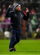 1 February 2025; Limerick manager John Kiely on the pitch remonstrating with referee Seán Stack, not pictured, before he was shown the yellow card during the Allianz Hurling League Division 1A match between Cork and Limerick at SuperValu Páirc Uí Chaoimh in Cork. Photo by Piaras Ó Mídheach/Sportsfile