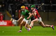 1 February 2025; Adam English of Limerick in action against Cormac O'Brien of Cork during the Allianz Hurling League Division 1A match between Cork and Limerick at SuperValu Páirc Uí Chaoimh in Cork. Photo by Piaras Ó Mídheach/Sportsfile