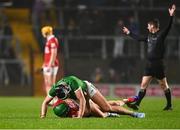 1 February 2025; Gearóid Hegarty of Limerick and Cormac O'Brien of Cork tussle off the ball during the Allianz Hurling League Division 1A match between Cork and Limerick at SuperValu Páirc Uí Chaoimh in Cork. Photo by Piaras Ó Mídheach/Sportsfile