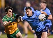 1 February 2025; Colm Basquel of Dublin and Finnbarr Roarty of Donegal during the Allianz Football League Division 1 match between Donegal and Dublin at MacCumhaill Park in Ballybofey, Donegal. Photo by Stephen McCarthy/Sportsfile