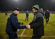 1 February 2025; Donegal manager Jim McGuinness, right, and Dublin manager Dessie Farrell after the Allianz Football League Division 1 match between Donegal and Dublin at MacCumhaill Park in Ballybofey, Donegal. Photo by Stephen McCarthy/Sportsfile