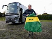 2 February 2025; Kerry supporter Donal Kelliher, from Listowel, arrives at Celtic Park after getting off a Kerry supporters bus that left Kerry at 3.30am, and travelling overnight, for the Allianz Football League Division 1 match between Derry and Kerry at Celtic Park in Derry. Photo by Stephen McCarthy/Sportsfile