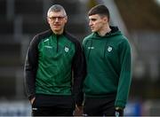 2 February 2025; Kerry's Seán O'Shea and selector Aodhán Mac Gearailt, left, during the Allianz Football League Division 1 match between Derry and Kerry at Celtic Park in Derry. Photo by Stephen McCarthy/Sportsfile