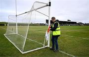 2 February 2025; Groundsman Robert McKenna places the orange flag, for a two point score, at the goals before the Allianz Football League Division 2 match between Louth and Roscommon at Integral GAA Grounds in Drogheda, Louth. Photo by Ben McShane/Sportsfile