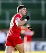 2 February 2025; Ben McCarron of Derry celebrates a two-point score during the Allianz Football League Division 1 match between Derry and Kerry at Celtic Park in Derry. Photo by Stephen McCarthy/Sportsfile