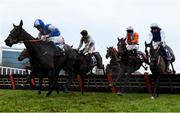 2 February 2025; Kimy, with Jake Coen up, 16, leads eventual winner, Vischio, with Danny Mullins up, 11, over the last in The Irish Stallion Farms EBF Paddy And Maureen Mullins Mares Handicap Hurdle during day two of the Dublin Racing Festival at Leopardstown Racecourse in Dublin. Photo by Shauna Clinton/Sportsfile