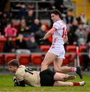 2 February 2025; Chris Og Jones of Cork watches his shot go past Down goalkeeper Ronan Burns for his side's first goal during the Allianz Football League Division 2 match between Down and Cork at Páirc Esler in Newry, Down. Photo by Ramsey Cardy/Sportsfile