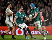 1 February 2025; Tadhg Beirne of Ireland celebrates with teammate Iain Henderson after scoring their side's third tryduring the Guinness Six Nations Rugby Championship match between Ireland and England at Aviva Stadium in Dublin. Photo by Sam Barnes/Sportsfile