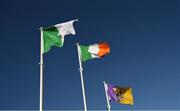 2 February 2025; The flags of, from left, Limerick, the Irish tri-colour and Wexford are seen before the Allianz Football League Division 4 match between Limerick and Wexford at Mick Neville Park in Rathkeale, Limerick. Photo by Tom Beary/Sportsfile