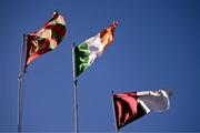 2 February 2025; Flags, from left, of Mayo, the Irish tricolour, and Galway flying in the stadium before the Allianz Football League Division 1 match between Mayo and Galway at Hastings Insurance MacHale Park in Castlebar, Mayo. Photo by Piaras Ó Mídheach/Sportsfile