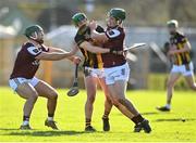 2 February 2025; Gavin Lee of Galway in action against Luke Hogan of Kilkenny during the Allianz Hurling League Division 1A match between Kilkenny and Galway at UPMC Nowlan Park in Kilkenny. Photo by David Fitzgerald/Sportsfile