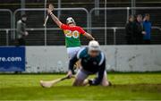 2 February 2025; Chris Nolan of Carlow celebrates after scoring his side's first goal during the Allianz Hurling League Division 1B match between Carlow and Waterford at Netwatch Cullen Park in Carlow. Photo by Stephen Marken/Sportsfile