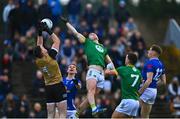 2 February 2025; Cavan goalkeeper Gary O'Rourke in action against Eoghan Frayne of Meath during the Allianz Football League Division 2 match between Meath and Cavan at Páirc Tailteann in Navan, Meath. Photo by Tyler Miller/Sportsfile