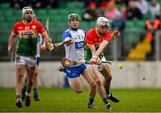 2 February 2025; Conor Kehoe of Carlow has a shot on goal during the Allianz Hurling League Division 1B match between Carlow and Waterford at Netwatch Cullen Park in Carlow. Photo by Stephen Marken/Sportsfile